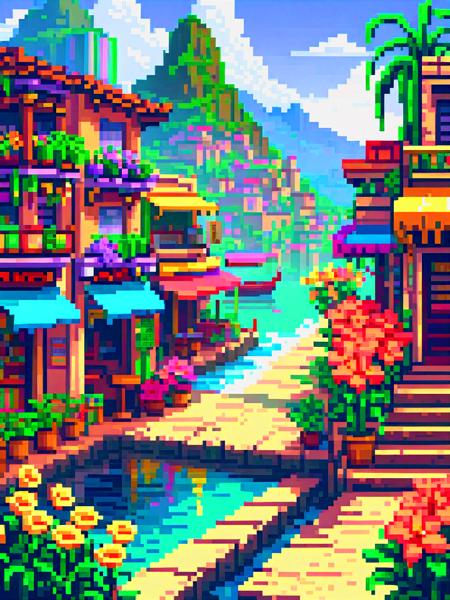 pixel art The City of El Dorado, 3d pixel art 4k wallpaper, incredible pixel art details, flowers, (pixel art), lots of flowers in foreground, 32 bit