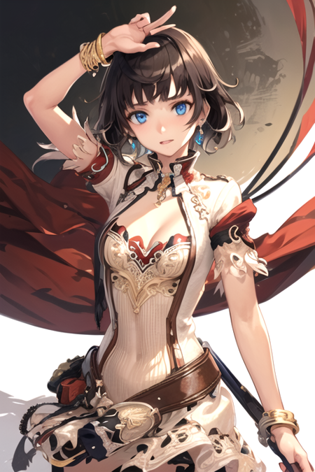 ZephieMagna, 1girl, solo, long hair, short hair, blue eyes, brown hair, dress, cleavage, jewelry, medium breasts, belt, bracelet, armlet