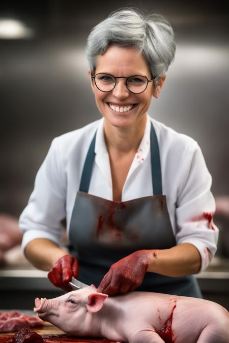 raw Photo, (woman Sardruiss123) short grey hair, smiling, glasses, as a butcher, cutting up a pig, intricate detail, blood, vibrant, sharp focus, smooth painting, ocprobocop, 