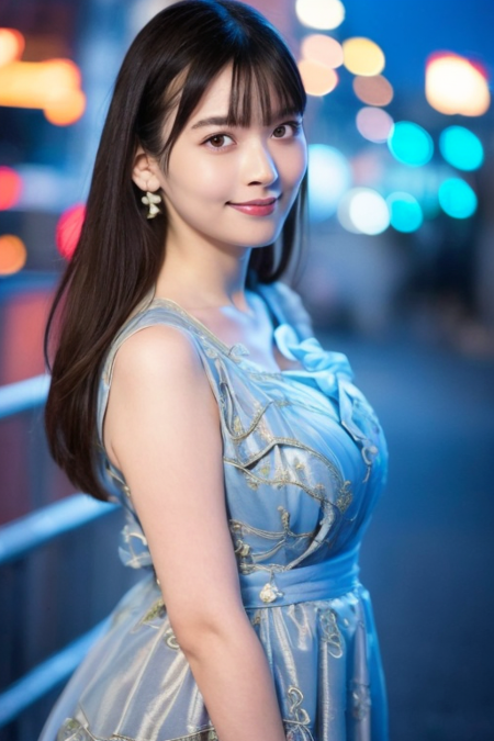 1girl,(wearing a pretty dress),(RAW photo, best quality), (realistic, photo-realistic:1.4), masterpiece, an extremely delicate and beautiful, extremely detailed, 2k wallpaper, Amazing, finely detail, extremely detailed CG unity 8k wallpaper, ultra-detailed, highres, soft light, beautiful detailed girl, extremely detailed eyes and face, beautiful detailed nose, beautiful detailed eyes,cinematic lighting,city lights at night,perfect anatomy,slender body,smiling