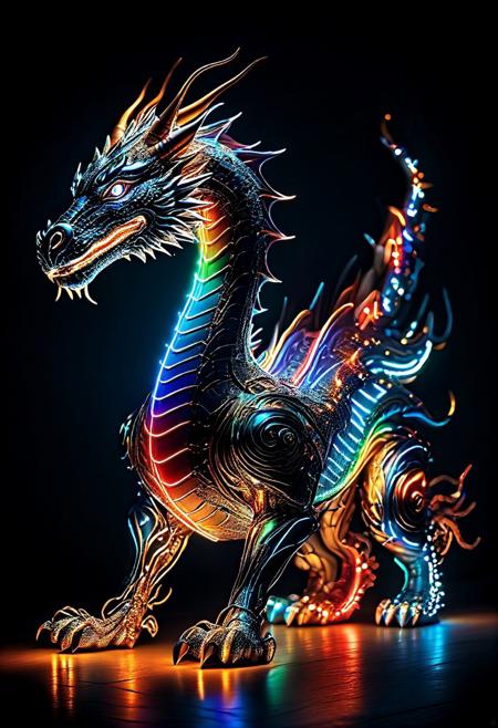 A majestic Chinese-style dragon infused with daring cyberpunk energy, its entire body meticulously crafted from a dazzling array of wires—radiant LED strands, pulsing copper wires, and luminous fiber-optic cables in vivid, brilliant hues. The design showcases the full length of the dragon from head to tail, its elegant, sinuous curves and intricate coiling emphasized in every detail. Render the scene in ultra-high definition with Unreal Engine-level photorealistic textures and cinematic lighting, ensuring the vibrant color palette is prominent and the glowing wires cut through a sleek, futuristic urban backdrop. This full-body portrayal celebrates the fusion of ancient mystique with futuristic luminescence in a hyperreal, awe-inspiring masterpiece.