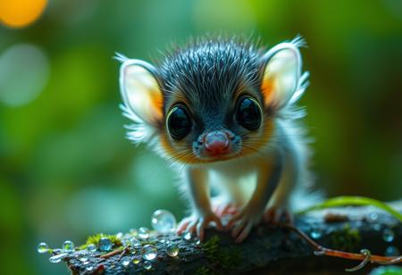 furry little translucent mammal in a rain forest zoomed in, rainbow of light reflection off dew, green and vivid colors, wild fog, large eyes, transparent body