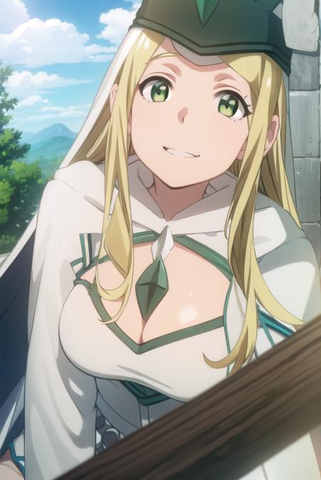 bofurimisery, <lora:bofuri misery s2-lora-nochekaiser:1>,
misery, long hair, blonde hair, (green eyes:1.5), smile,
BREAK hat, cleavage, cape, white cape, dress, white dress, long sleeves,
BREAK outdoors, forest, nature, sky, sun, clouds,
BREAK looking at viewer,
BREAK <lyco:GoodHands-beta2:1>, (masterpiece:1.2), best quality, high resolution, unity 8k wallpaper, (illustration:0.8), (beautiful detailed eyes:1.6), extremely detailed face, perfect lighting, extremely detailed CG, (perfect hands, perfect anatomy),