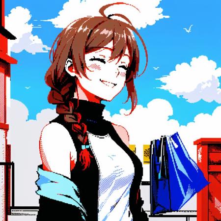 <lora:zxs:1> , zxs, limited palette,  1girl, ahoge, alternate costume, bag, black shirt, blue sky, braid, brown hair, building, closed eyes, clouds, day, dress shirt, hair flaps, hair over shoulder, layered shirt, long sleeves, off-shoulder shirt, off shoulder, outdoors, remodel \(kantai collection\), rui shi \(rayze ray\), shirt, single braid, sky, sleeveless, sleeveless shirt, smile, solo, turtleneck, upper body, white shirt