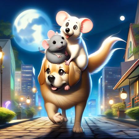 doggybackride, dog, mouse, dog walking, day time, full moon, city, anime