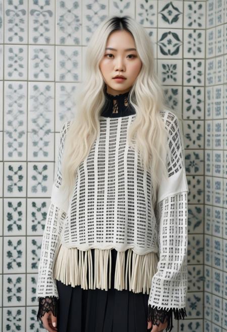 The image is a high-quality photograph of a young woman standing outdoors in a lush, green, sunlit environment. She has long, platinum blonde hair styled in loose waves, and her skin is fair with a light complexion. She is wearing a striking outfit that combines elements of whimsical and modern fashion. Her top is a white, lace-trimmed blouse with a high collar adorned with small, intricate floral embroidery. This is a high-resolution photograph of a young woman with an Asian appearance, likely in her early twenties. She has a fair complexion and is standing against a plain, light gray background, which makes her the focal point of the image. Her hair is styled in a dramatic, avant-garde fashion, featuring long, black hair with striking blonde highlights, styled in loose, intricate braids adorned with white and black fringe tassels. The image is a photograph of a person standing against a plain, tiled wall with a subtle, light-colored pattern. The individual is dressed in a dark, layered outfit that includes a chunky, ribbed, dark brown sweater with a loose, open-knit texture, worn over a black, long-sleeve top. The sweater is slightly oversized, draping loosely around the figure.