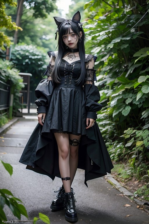 full body, looking at viewer, 1girl , gothic punk girl, forest, <lora:Gothpunkgirl-000009:0.7>