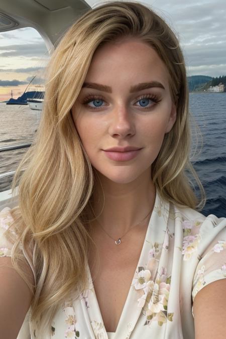 3v4vl44r, portrait, closeup, blonde girl, perfect face, stunning eyes, looking at viewer, in a floral blouse on a yacht, on the ocean, stunning, candid, amateur