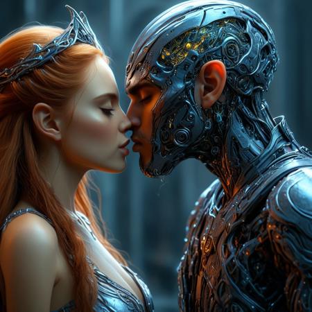 brutal biomechanical cyborg man kissing a beautiful elven queen, magical, sci-fi, beautiful, unimaginable, 
very dramatic, naturalistic, photorealistic, highly detailed digital art, science vs fantasy, 
accurate intricate and realistic anatomy, 
soft lighting, Cinematic, Color Grading, Editorial Photography, volumetric lighting, atmospheric, Photography,