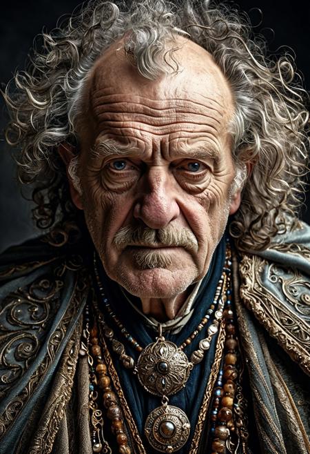 Realistic and detailed close shot portrait photo of an very old man with wild hair, curly hair, wavy hair, old, wrinkly, heavy set, pale skin,
jewelry, necklace, ornate outfit, long tattered cape, loose, covered up, robes, photorealistic, realistic,(best quality, masterpiece, dynamic angle, highest detailed)
(high resolution textures), (intricate details, hyperdetailed:1.15), detailed, (official art, extreme detailed, highest detailed), looking at viewer, eye-contact