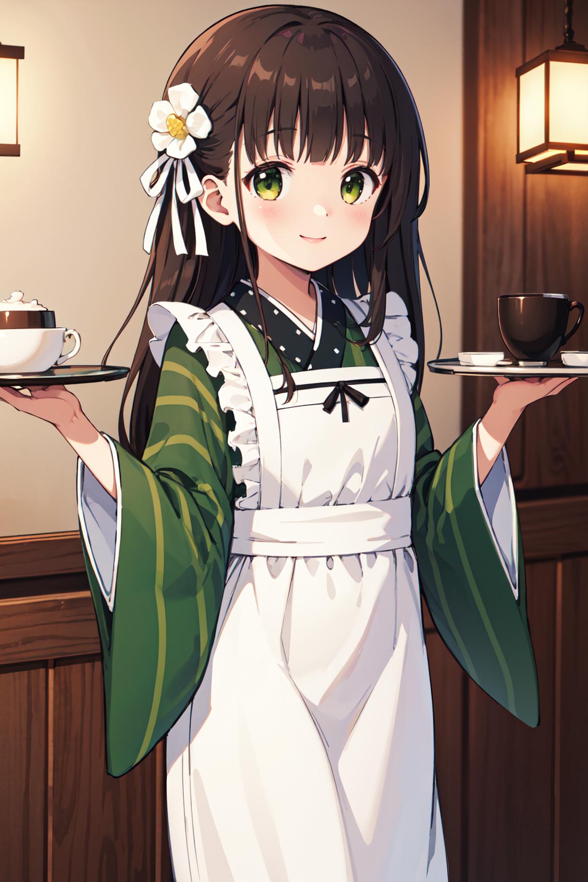 A cartoon anime girl with green eyes and a white ribbon in her hair, dressed in an apron and holding a tray of coffee cups and saucers.