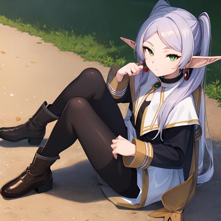 ((masterpiece)), (best quality), highres, ultra-detailed,
1girl, earrings, elf, long hair, long sleeves, pointy ears, solo, twintails, green eyes, earrings, white hair, looking at viewer,
white capelet, boots, brown footwear, black pantyhose, sitting
<lora:Frieren:0.9>