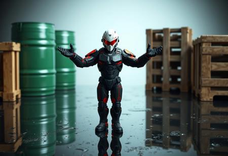 A highly detailed Cyber Soldier figurine, clad in black and red armor with a sharp white helmet and luminous red visor, stands centered, arms dramatically outstretched. Positioned on a reflective acid rain surface, framed by a green barrel and brown crate, creating a dynamic still life composition. Facing viewer. Rendered in octane render, unreal engine 5. Cinematic lighting, impeccable composition, golden ratio, 4k, hyperdetailed, trending on artstation and cgsociety.