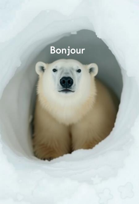 Polar bear in a snow cavern, Shy polar bear. The polar bear is barely visible, only his head are patially out of the snow cavern. The polar bear is saying "Bonjour". Text: "Bonjour"