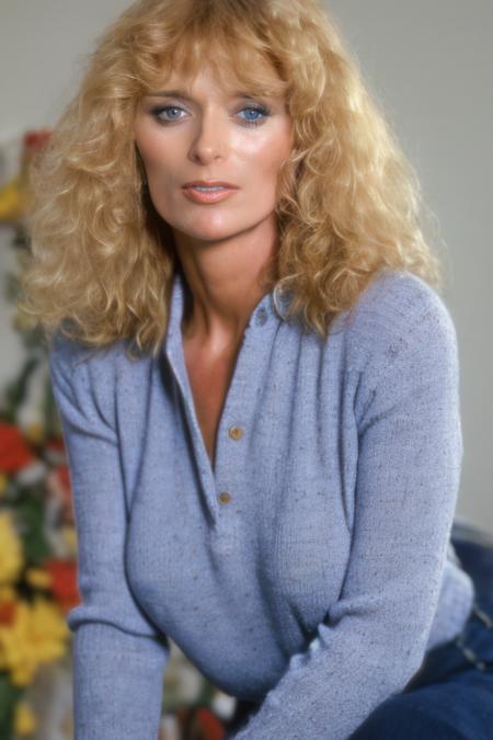 A sfw professional photo of sybildanning at home in her apartment in the 1980s, smiling at viewer, for a women's interest magazine, side view, high detail on face, wearing a concealing (polo-neck:1.2) jumper and long dark blue jeans, large breasts under sweater, (best quality:1.2), (intricate details)