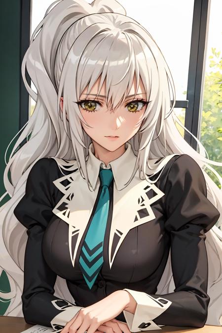 best quality, masterpiece, portrait, (mature female:1.4), hanazono shizuma, silver hair, very long hair, bangs, ponytail, green eyes, large breasts, golden eyes, necktie, black dress, schooloutfit1, juliet sleeves, long sleeves, indoors, classroom, looking at viewer,
<lora:Kizuki - Strawberry Panic - Hanazono Shizuma:0.9>