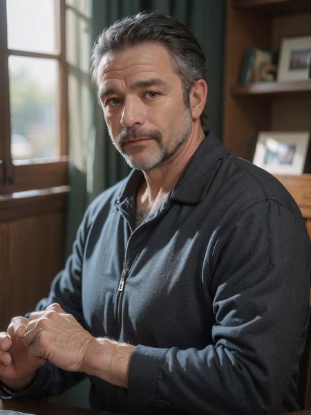 a photo of a (middle-aged man:1.8), upper body focus, (extremely detailed hyperrealistic masterpiece, best quality, high resolution uncompressed raw photo:0.8)