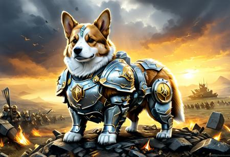 A photorealistic shot of a valiant humanoid corgi, clad in ornate, heavy-plated armor, stands resolute at the front lines of a war-torn battlefield. His fluffy fur peeks through the polished gaps in his armor, a stark contrast to the hardened steel that encases his small but mighty frame. His armor, intricately crafted with golden engravings and divine sigils, resembles the regalia worn by legendary paladins in ancient fantasy tales. The weight of the metal does little to hinder his unwavering determination as he stands firm, his ears perked, his glistening eyes filled with courage. With a majestic flourish, he raises his radiant sword, its blade pulsing with an aura of holy light, casting an ethereal glow upon the battered earth below. The runes etched into the steel shimmer like the embers of dawn, a beacon of hope and righteousness amidst the gloom of war. Behind him, his loyal warriors stand ready, their armor dulled by battle but their spirits alight with the fire of their leaderas unyielding bravery. The battlefield stretches far into the horizon, shrouded in mist and the lingering scent of war, with broken weapons and tattered banners littering the ground. The sky is a dull gray, heavy with ominous clouds, yet the corgi's divine radiance pierces through the darkness, a shining symbol of defiance against the forces of despair.