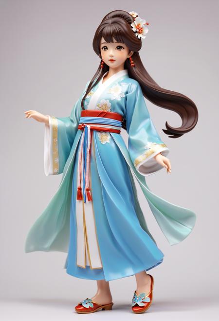 1girl, (asian:1.25) girl, figurine, anime style, dark brown hair, detailed hair, volume hair, radiant eyes, realistic, pretty face, detailed lips, glossy skin, simple background,  highly detailed traditional hanfu, hanfu slippers, playful pose,
