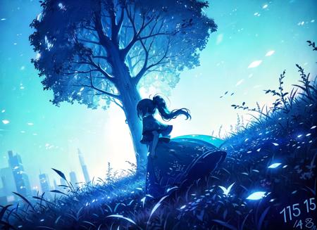 tree, solo, 1girl, blue theme, long hair, grass, scenery, monochrome, outdoors, sky, dated, wind, aqua theme, ponytail, dress, nature, very long hair
<lora:vines-pynoiseLoHa:1>