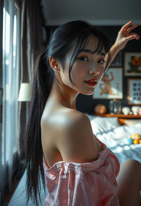DSLR-style, slender, elegant 26-year-old Korean model, extremely pale skin with natural texture, soft shadow on cheek, diffused daylight from side, parted lips, masterpiece, ultra high-res  
<lora:NOOB_vp1_detailer_by_volnovik_v1:1>
barely visible pores, subtle skin texture variation, translucent skin tone, full body. 
masterpiece,best quality,amazing quality, usnr
1 cat woman, adult, big boobs, pink ruby eyes, cat tail, tail band, cat ears, long ponytail, black hair, happy, shoulderfree, shoulders, (sideboob:1.1), open pajamas, printed pajamas, pink pajamas, dancing, arms up, wariza, (rainy foreground:0. 9), (open window in foreground:1.1), dark room, (large room:1.1), on bed, curtains, lamp, cute stuffed animals, (poster:0.9), (bookshelf:0.9), (black background:1.1), focus, looking at viewer, (from outside:1.1), (from above:1.1), from behind, ass focus, full body, low angle