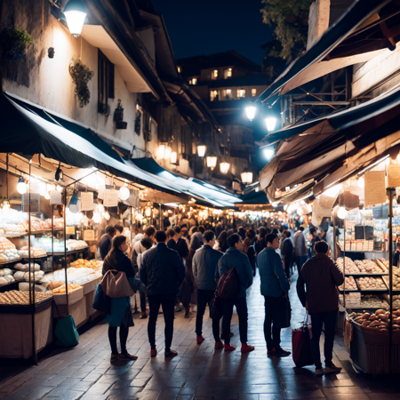 photo, a group of people standing around a market at night  (Marketplace style:1) <lora:djzMarketplaceV21:1>