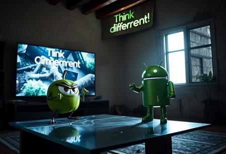 "In a dimly lit, decaying Italian apartment, a cartoonish green apple with exaggerated, glaring eyes and twisted limbs faces off against the iconic Android logo robot. The apple, perched on a cracked glass coffee table, sports a menacing grin and clenched, vine-like fists. Opposite it, the Android robot, its green metallic surface tarnished and scratched, stands in a defensive stance with malfunctioning, twitching antennae and a glare from its flickering eyes.
The massive OLED TV on the wall displays a vivid Apple computer commercial, casting a cold, flickering light that illuminates the tense standoff. Shadows from the TV’s bright visuals stretch and distort across the room, adding a dramatic effect to the confrontation.
Above the TV, a warped cardboard sign reading 'Think Different!' , its flickering LEDs casting eerie, shifting shadows on the peeling stucco walls. The room, once elegant with exposed brick and wooden beams, now feels oppressive and claustrophobic, filled with the scent of mildew. The green apple’s glossy skin and the Android’s rusty body gleam under the unsettling light, emphasizing their contrasting forms and the bizarre, hostile encounter in this decrepit, tech-infused setting."