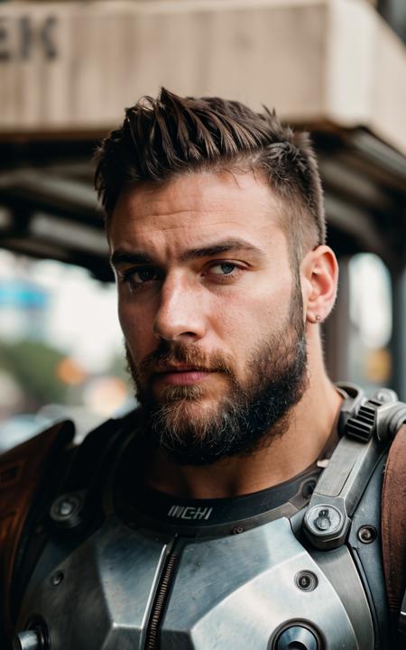 Portrait photo of muscular bearded guy in a worn mech suit, ((light bokeh)), intricate, (steel metal [rust]), elegant, sharp focus, photo by greg rutkowski, soft lighting, vibrant colors, (masterpiece), ((streets)), (detailed face)+, eye iris