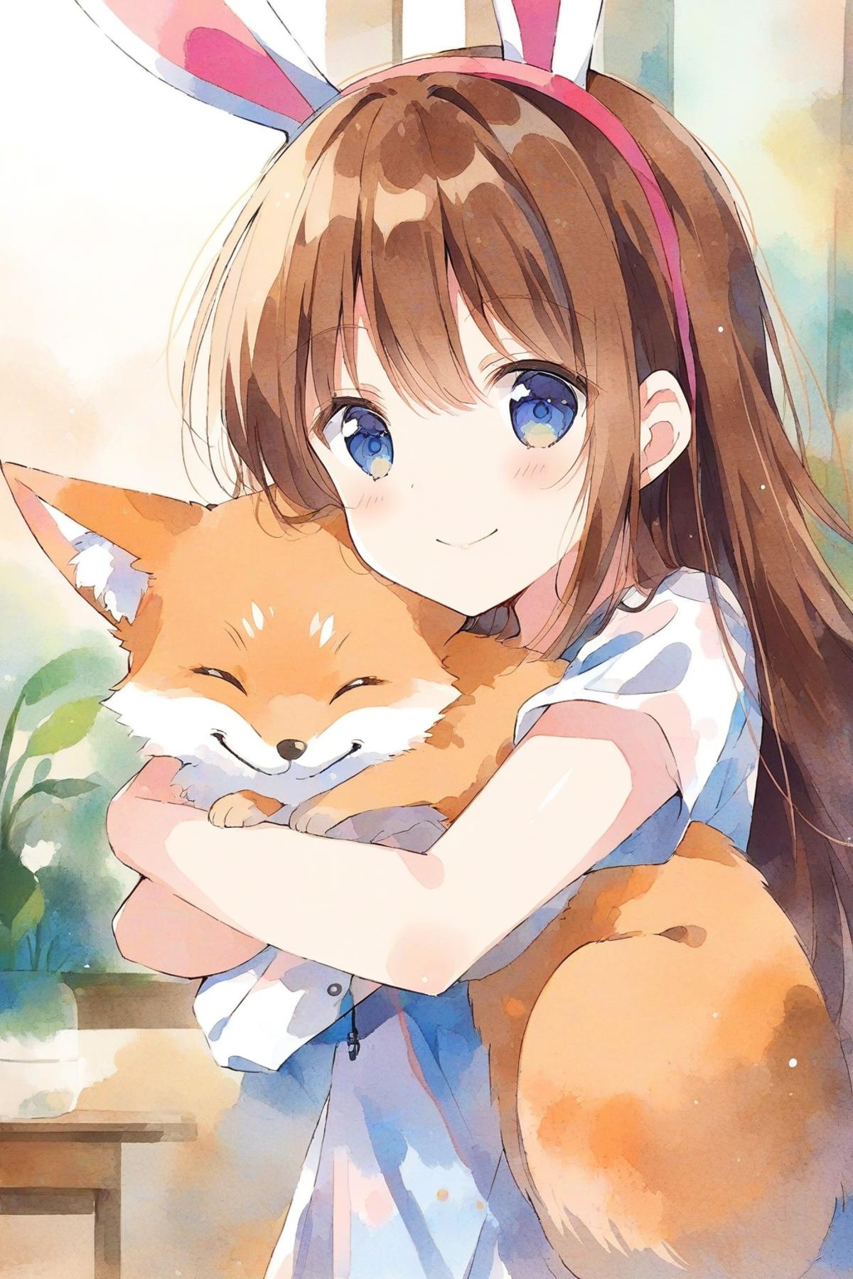 anime artwork score_9, score_8_up, score_7_up, rabbit ears, 1girl, hugging a fox, , <lora:inkXLANI31lokrV43P1:0.8>watercolor . anime style, key visual, vibrant, studio anime, highly detailed