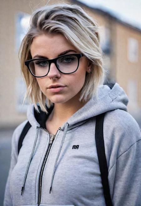20-year old girl, blonde ombre hair, black square glasses, short sideswept hairstyle, grey zip hoodie, body photo, standing on the street, evening,