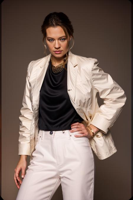 Realistic photo of a beautiful j3r1r-v1 woman,   1girl, solo, long hair, looking at viewer, blue eyes, blonde hair, shirt, jewelry, standing, jacket, white shirt, open clothes, pants, indoors, open jacket, lips, black jacket, black pants, formal, crossed arms, suit, watch, realistic, wristwatch, soft lighting, professional Photography, Photorealistic, detailed, RAW, analog, sharp focus, 8k, HD, DSLR, high quality, Fujifilm XT3, film grain, award winning, masterpiece<lora:j3r1r-v1:1.0><lora:j3r1r-v1:1.0><lora:j3r1r-v1:1.0><lora:j3r1r-v1:1.0>