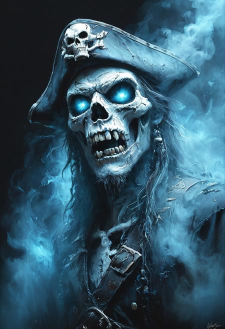 #Pastel, #drawing with dry chalk, A skeleton pirate with glowing eyes wearing a captains hat, mouth open screaming, surrounded by smoke and fire. A portrait in the style of fantasy art with cinematic lighting and blue tones. Volumetric light on a dark background. Rendered in Octane.. hkpirate, masterpiece, best quality, highly detailed, sharp focus, dynamic lighting