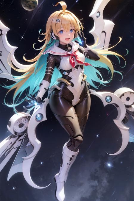 masterpiece, best quality,1girl, space, blue eyes, blonde hair, solo, mechanical wings, wings, multicolored hair, long hair, breasts, looking at viewer, smile, gloves, open mouth, floating, ahoge, blue hair, full body, medium breasts, glowing hair, bangs, bodysuit, colored inner hair, gradient hair, virtual youtuber, aqua hair, hair between eyes, neckerchief, planet, mecha musume, glowing, two-tone hair, star (sky)