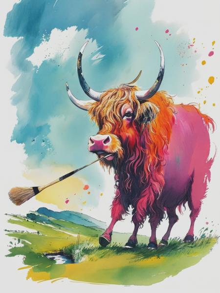 <lyco:QuentinBlake:1.0> 103097. An illustration by Quentin Blake. A humorous illustration of a highland cow trying to paint a self-portrait with a large, clumsy paintbrush.