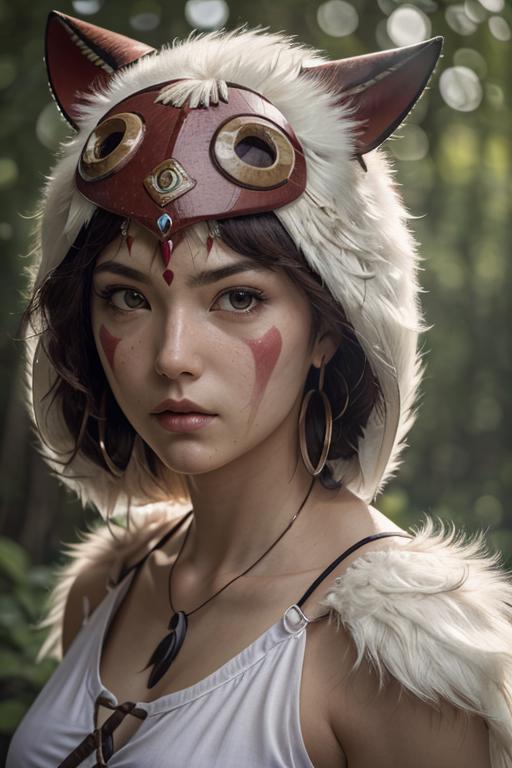 Woman with Red Painted Face and Red Eyeshadow Wearing White and Brown Costume
