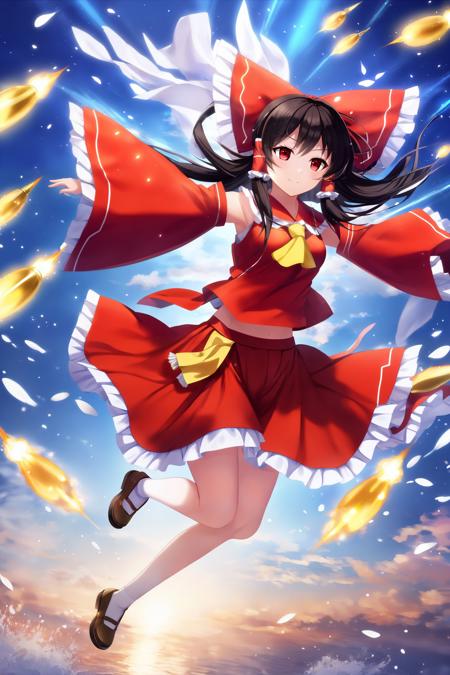 (masterpiece, best quality, highres, anime art style, pixiv), (1girl, solo, hakurei reimu, floating on air, shooting magical bullets, colorful), <lora:hakurei_reimu_xl-000050:0.7>