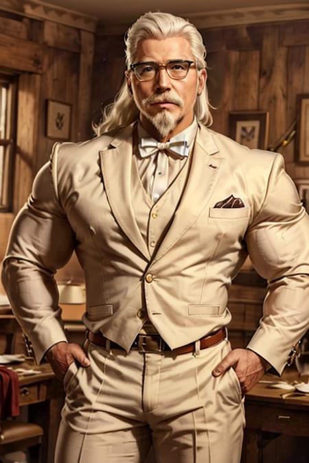 1man, solo, portrait of muscular handsome colsanders wear white suit, western kentucky bow tie, colonel colonel sanders, glasses, handsome, white hair mustache beard,  <lora:ARWColSanders:1> <lora:BulkedUpAIR1.5:0.6>