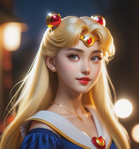 sailor moon,(8k, best quality, masterpiece:1.2),(best quality:1.0), (ultra highres:1.0), a beautiful woman, shoulder, half body portrait, extremely luminous bright design, autumn lights, 1girl, european,(blonde hair), forehead, lips, long_hair, looking_at_viewer, nose, photorealistic, portrait, realistic, solo ,masterpiece, shallow depth of field, (high detailed skin:1.2), 8k uhd, dslr, soft lighting, high quality, film grain, 20mp, Fujifilm XT3, 80mm, hasselblad,