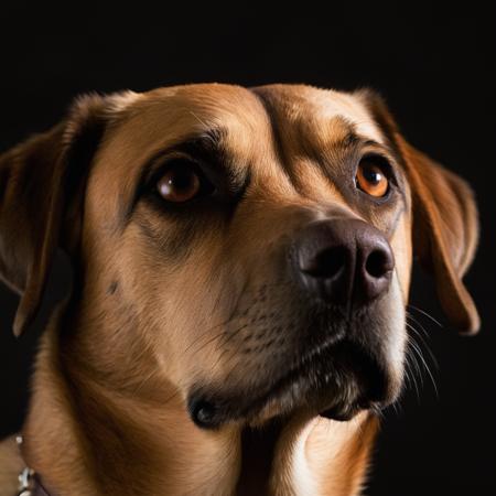 cinematic film still of  <lora:Hyperrealism style:1>
a dog is looking up at something in the dark,solo,1boy,brown eyes,male focus,from side,no humans,animal,black background,realistic,animal focus , realistic, real, photo real, cinematic, dramatic, film look, dramatic light, unreal engine, 3D computer graphics, hdr, Hyperrealism Style, closeup, side view, shallow depth of field, vignette, highly detailed, high budget, bokeh, cinemascope, moody, epic, gorgeous, film grain, grainy