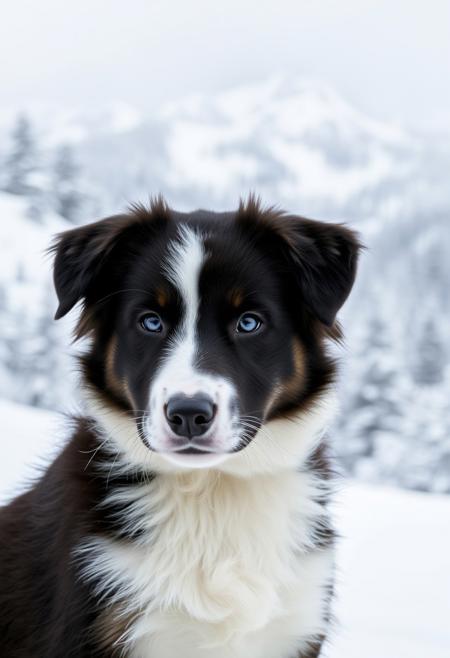 Portrait of a border collie puppy. Snowy landscape. Mountains with snowy pine trees.