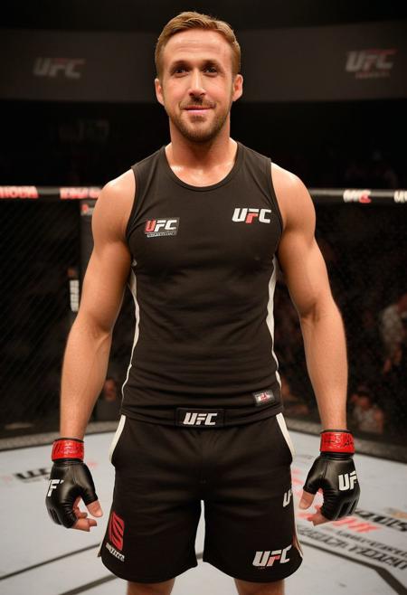 homoerotic photo of ryan gosling a man <lora:ryan-gosling:1>, UFC fighting ring, cocky expression, as a UFC fighter, (black muscle shirt:1.4), Venum UFC shorts, ((full body portrait)), wide angle, ((masterpiece)), natural skin, natural body muscle definitions, adobe lightroom, photolab, intricate, highly detailed, sharp focus, insane details, intricate details, hyperdetailed, low contrast, soft cinematic light, exposure blend, dim colors, dim light,  Award - winning, with Kodak Portra 800, a Hasselblad 500 ,55mm f/ 1.9 lens, extreme depth of field, available light, high contrast, Ultra HD, HDR, DTM, 8K,