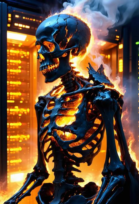 Burning skeletal god of data, molten obsidian body glowing with lava veins, radiant eyes, ethereal smoke rising from head, futuristic server towers behind, cinematic lighting, dark sci-fi, apocalyptic divinity, surreal mythic techpunk, Neo-Gnostic Realism, hyper-detailed.
<lora:FLUX-daubrez-DB4RZ-v2:0.55> <lora:Sinfully_Stylish_.02_for_FLUX:0.35> <lora:dystopia:0.6>