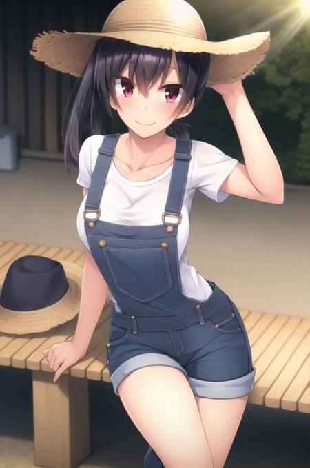 (masterpiece), high quality, detailed background 1girl, solo,
<lora:1room-v1-02:0.8>, Chopio1room, black hair, long hair, ponytail, hair between eyes, red eyes, (blush:1.2), looking at viewer, 
[medium breasts : large breasts : 15]
white shirt, denim dungarees, black boots, straw hat, farm, japanese rice farm, sun, smile, sun, sun sparkles, sun diffraction, sun beams, denim shorts, bare legs,