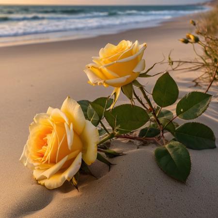yellow roses bloom on a dune covered with grass. Their delicate petals contrast with the severity of the sandy beach and the wildness of the ocean. The photo exudes peace and beauty of nature. Possible tags: sunset, 
sea, 
beach, 
roses, 
nature, 
landscape, 
romanticism, 
peace, 
vacation, 
travel.