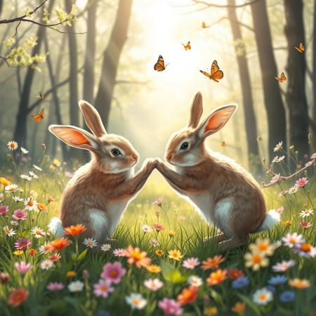 Two bunnies playing with each other in a bright forest clearing. There are many flowers and butterflies. It is a sunny spring day.