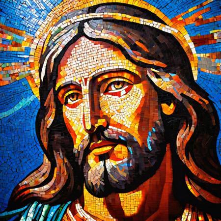Envision a mosaic representation of Jesus Christ on the walls or ceiling, with reflections of the mosaic patterns creating a brilliant and intricate display