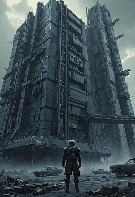 Dystopian style <lora:Beeple_retrofuturism-000005:1>,Beeple style,retrofuturism, . Bleak, post-apocalyptic, somber, dramatic, highly detailed