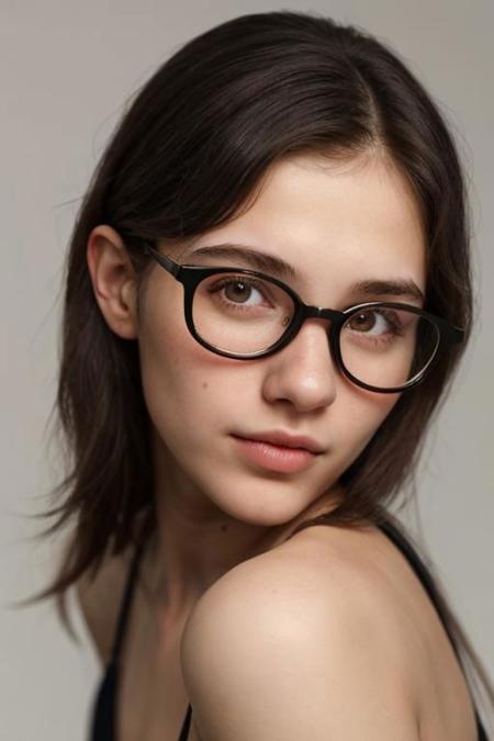 professional, masterpiece, 4k, hyperrealistic portrait of a 20yo cute girl, long hair,latin, glasses, [[freckles]],[skin imperfections],skin pores, detailed face, detailed skin, photography, photorealistic,