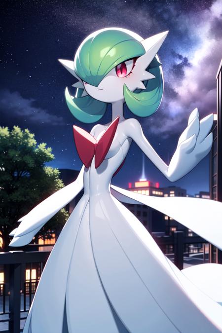 masterpiece, best_quality, 1girl, solo, gardevoir,  pokemon \(creature\), green hair, red eyes, white dress, outdoors, night<lora:gardevoir_v1:0.8>