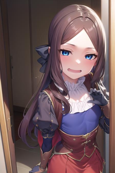 leonardodavinci, <lyco:leonardodavincirider-lyco-nochekaiser:1>, 
leonardo da vinci rider, blue eyes, brown hair, long hair, parted bangs, (small breasts:1.2), <lora:smirkingeye_v100:1>, <lora:smirkingmouth_v100:1>, smile, open mouth,
BREAK black footwear, brown jacket, elbow gloves, gloves, jacket, loafers, metal gloves, pantyhose, red skirt, shoes, skirt, puffy sleeves, thighhighs, blue thighhighs,
BREAK looking at viewer, full body, upper body,
BREAK indoors,
BREAK <lyco:GoodHands-beta2:1>, (masterpiece:1.2), best quality, high resolution, unity 8k wallpaper, (illustration:0.8), (beautiful detailed eyes:1.6), extremely detailed face, perfect lighting, extremely detailed CG, (perfect hands, perfect anatomy),